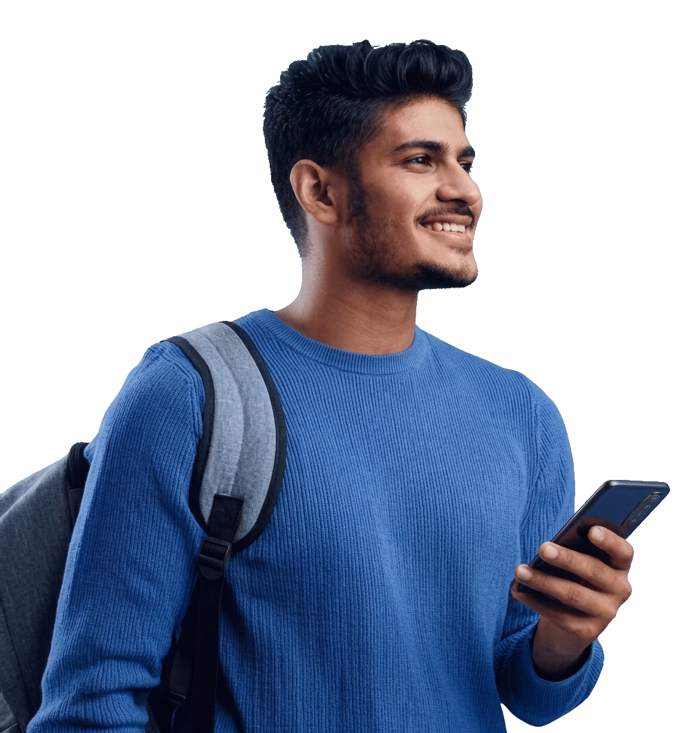 Student with backpack and phone